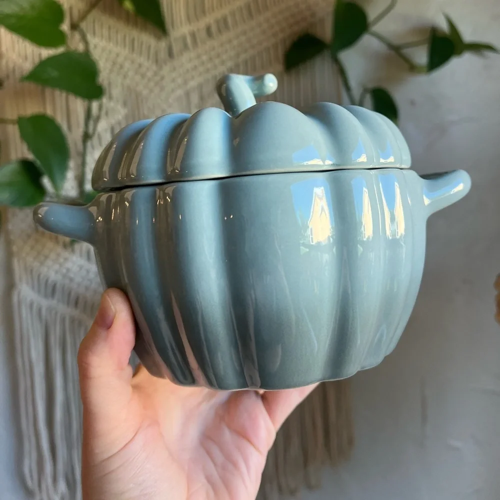 Crofton Pumpkin Cocotte – Blue Stoneware Mini Casserole Dish Fall Kitchenware